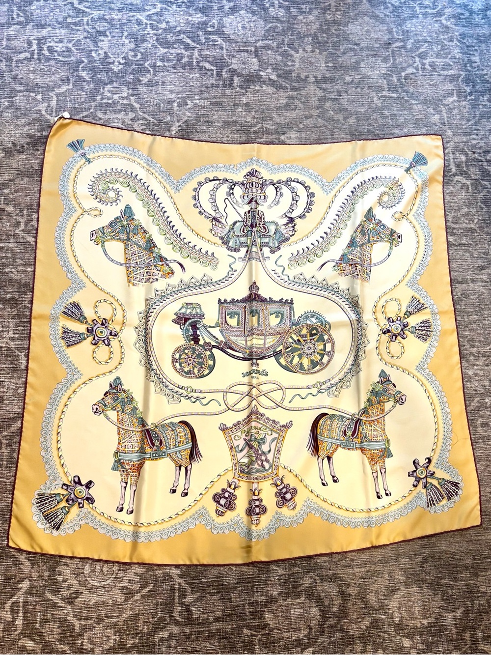 Hermès Paris Paperoles Carriage Silk Scarf Butter Yellow Vintage